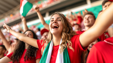 Cheering fans at the stadium during the match of the European Football Championship.の素材