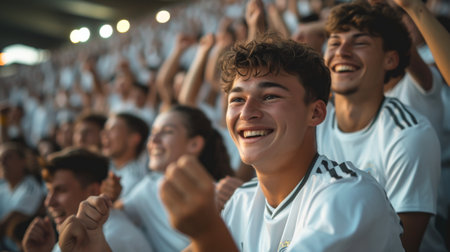 Group of happy soccer fans cheering and supporting their favorite team at the stadiumの素材