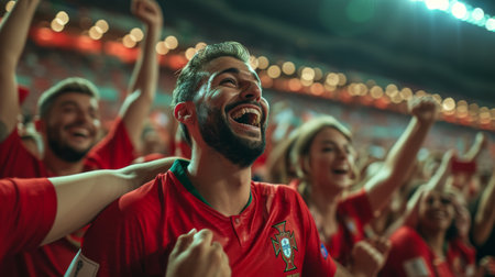 Cheering fans at the stadium during a soccer match. Football fansの素材