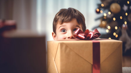Cute little boy holding a gift box in front of Christmas treeの素材