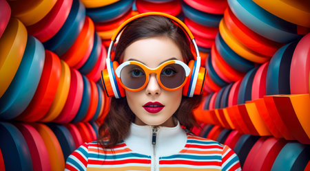 Portrait of a beautiful young woman with bright make-up and headphones.の素材