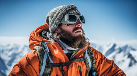 Handsome man with beard and mustache in winter sportswear on top of a mountainの素材