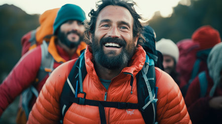 Group of friends with backpacks hiking in mountains. Hikers on a hike.の素材
