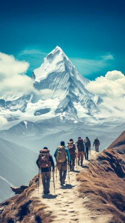Group of hikers on trekking trail in Himalayas, Nepalの素材