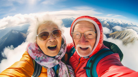 Senior couple taking a selfie on top of a mountain in the Alpsの素材