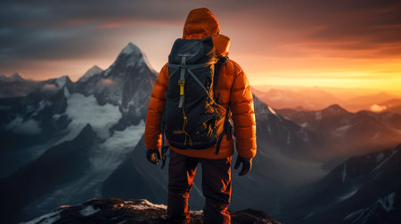 Hiker with backpack standing on the top of the mountain at sunriseの素材