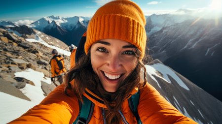 Happy woman hiker taking selfie on top of a mountain in Switzerlandの素材