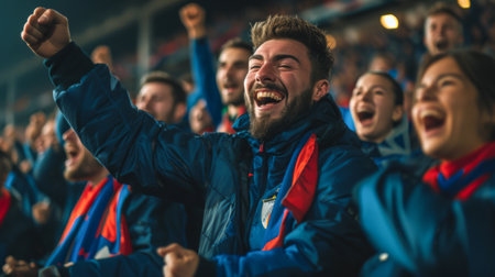 Excited football fans in stadium cheering for their favorite team with raised handsの素材