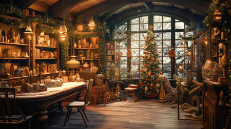 Vintage interior of a country house with Christmas decorations and gifts.の素材