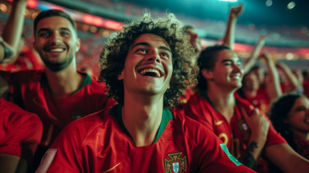 Cheerful european football fans cheering for their favorite team at the stadiumの素材