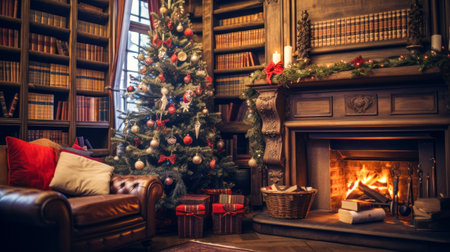 Interior of cozy living room with fireplace and Christmas tree.の素材