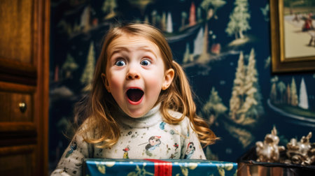 Little girl opening a gift box with surprise and surprise in the living roomの素材