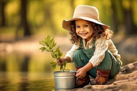 Cute little girl sitting on the river bank and holding a plantの素材