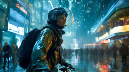 Unidentified man in raincoat and helmet in Bangkok, Thailandの素材