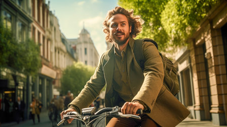 Handsome young man in coat is riding a bicycle on the street.の素材