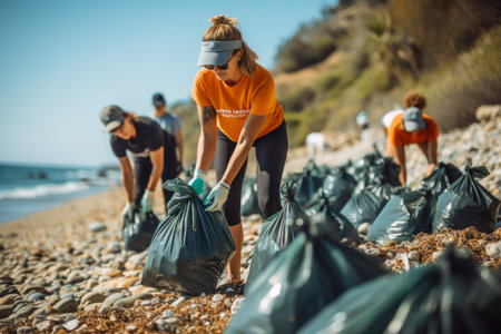 volunteers collecting garbage on the seashore in the summerの素材