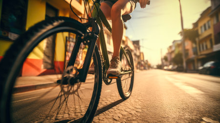 Young woman riding a bicycle on the street in the city at sunsetの素材