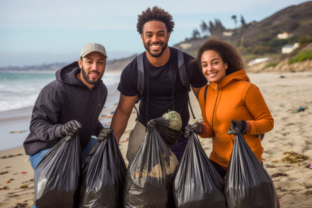 Portrait of happy volunteers with trash bags collecting rubbish on the beachの素材