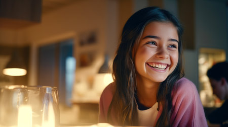 Beautiful young woman sitting in a cafe at night and smiling.の素材
