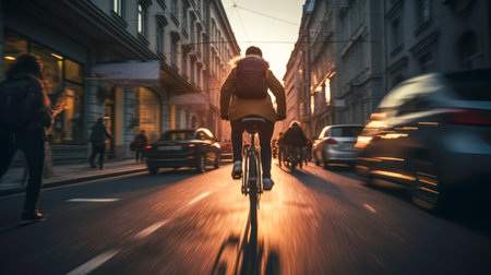 Cyclist riding a bicycle on the street in the evening.の素材