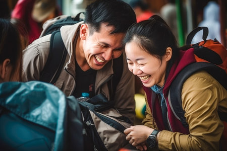 Happy asian couple travel by train in the city.Travel conceptの素材