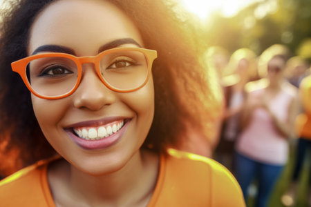Close up portrait of a smiling african american woman in orange glassesの素材