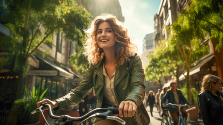Beautiful young woman riding a bicycle in New York City, USAの素材