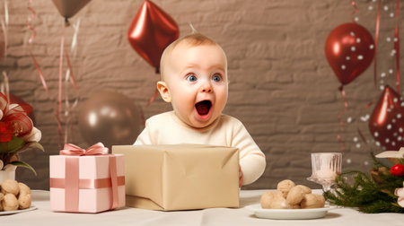 Portrait of a surprised baby boy with gift box on the tableの素材