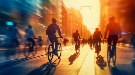Cyclists in the city at sunset, motion blur effect.の素材