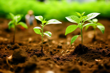Green pepper seedling growing on fertile soil, agriculture and environment conceptの素材