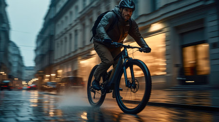 Cyclist in motion riding a bicycle on a wet street at nightの素材