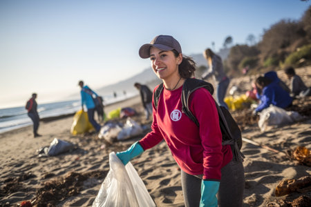 Volunteer woman picking up trash on the beach in winter seasonの素材