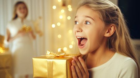 Beautiful little girl with a gift box on the background of the Christmas treeの素材