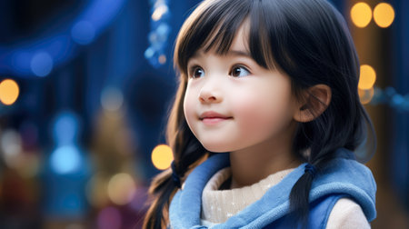 cute little asian girl in winter clothes looking away at nightの素材