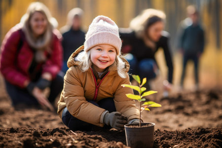 Smiling little girl planting a tree in the garden with her familyの素材