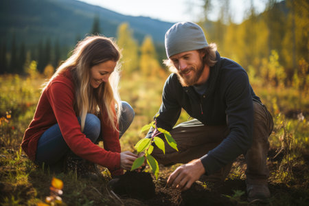 Young couple planting a tree in the autumn forest. The concept of environmental protection.の素材