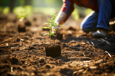 Farmer planting a tree in the garden. Gardening concept.の素材