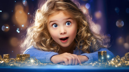 Cute little girl playing with golden casino chips on dark blue backgroundの素材