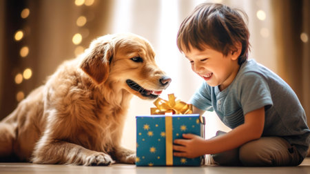 Cute little boy with golden retriever dog and gift box at homeの素材