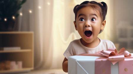 Surprised asian little girl holding a gift box and looking at the cameraの素材
