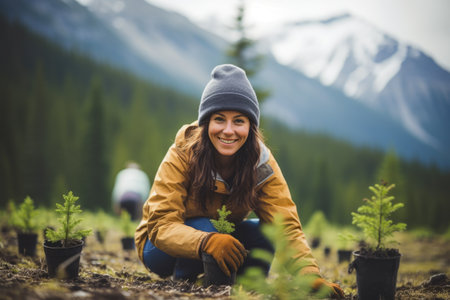 Young woman planting a tree in the forest. Selective focus.の素材