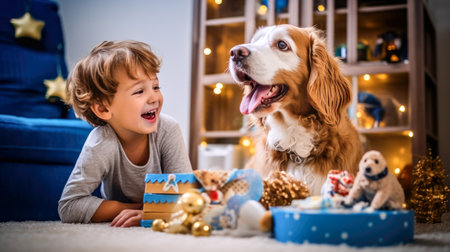 Cute little boy and his dog playing with Christmas decorations at homeの素材
