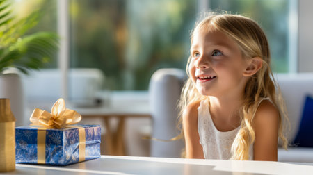 Portrait of smiling little girl with gift box sitting at table at homeの素材