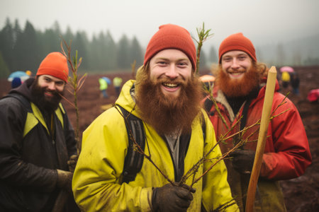 Group of friends with a long red beard and a mustache in a raincoat on a hike in the woodsの素材