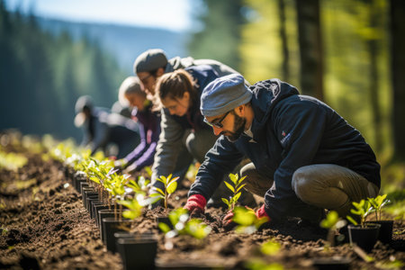 Group of young people planting a tree in the garden. Selective focus.の素材