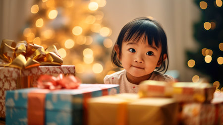 Little asian girl holding gift box with christmas tree in backgroundの素材
