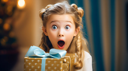 Surprised little girl holding gift box and looking at camera.の素材