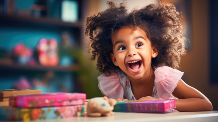 Portrait of a cute little girl playing with her toys at homeの素材