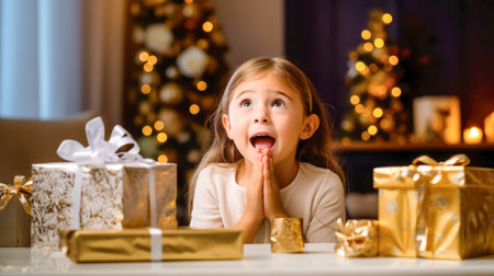 cute little girl with christmas gifts on the table at homeの素材