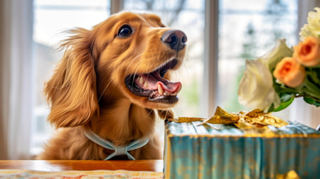 Cocker Spaniel dog with a gift box on the table.の素材